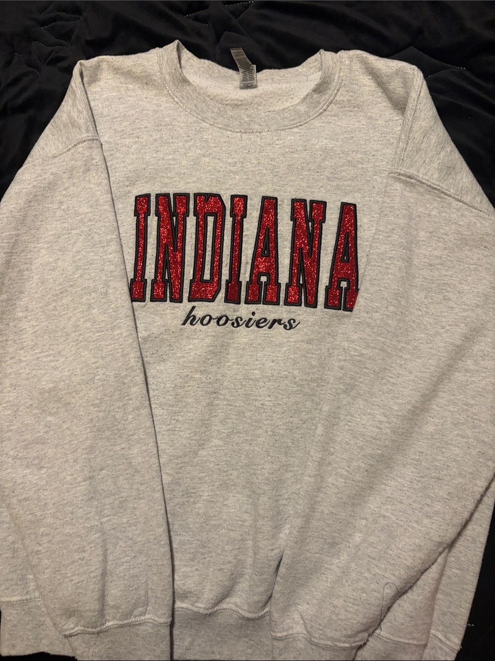 Indiana Hoosiers Gray Crewneck Sweatshirt with Red Glitter Logo